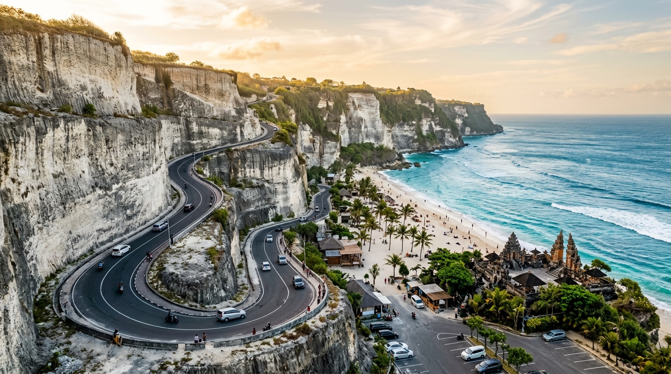 Full width panoramic landscape photograph of the dramatic limestone road descent to Melasti Beach in Ungasan Bali