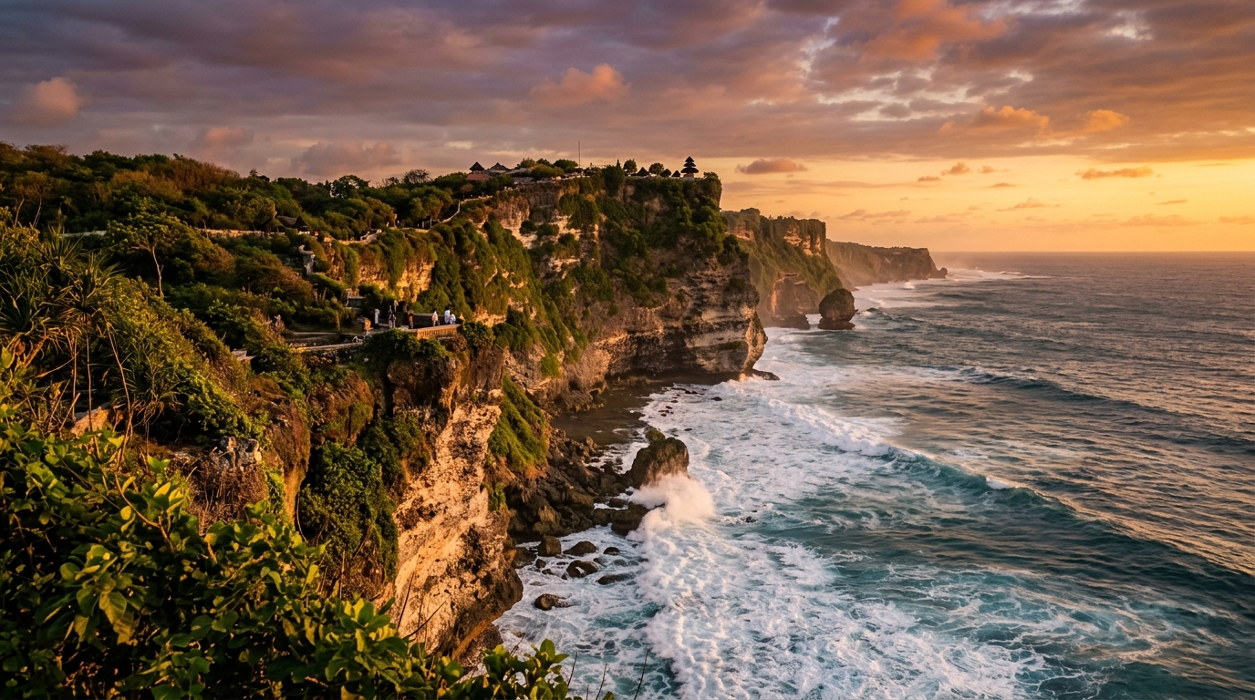 Panoramic sunset over towering limestone ocean cliffs in Uluwatu Bali